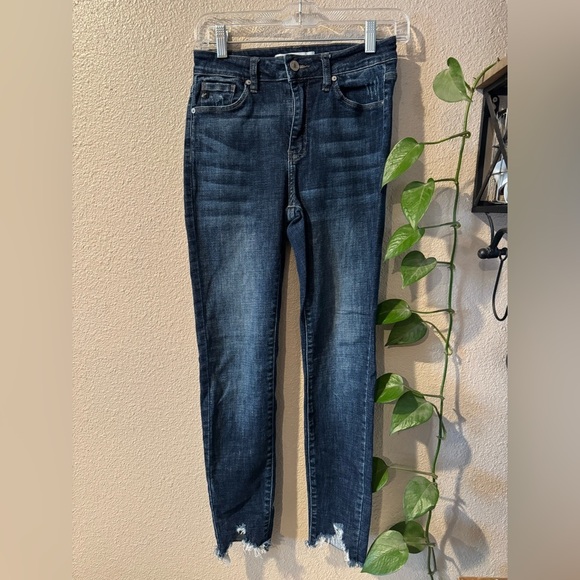 KanCan Denim - KanCan Jay High Rise Ankle Skinny Jeans Womens Blue Stretch Fringe Hem